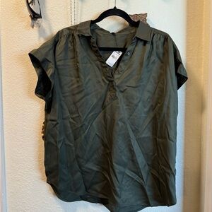 Express Olive Green Short Sleeve Collared Blouse